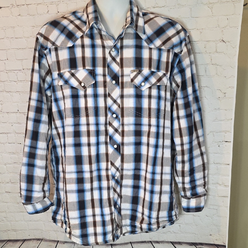 Rafter C Cowboy Collection‎ Blue Plaid Pearl Snap Western Shirt Mens L